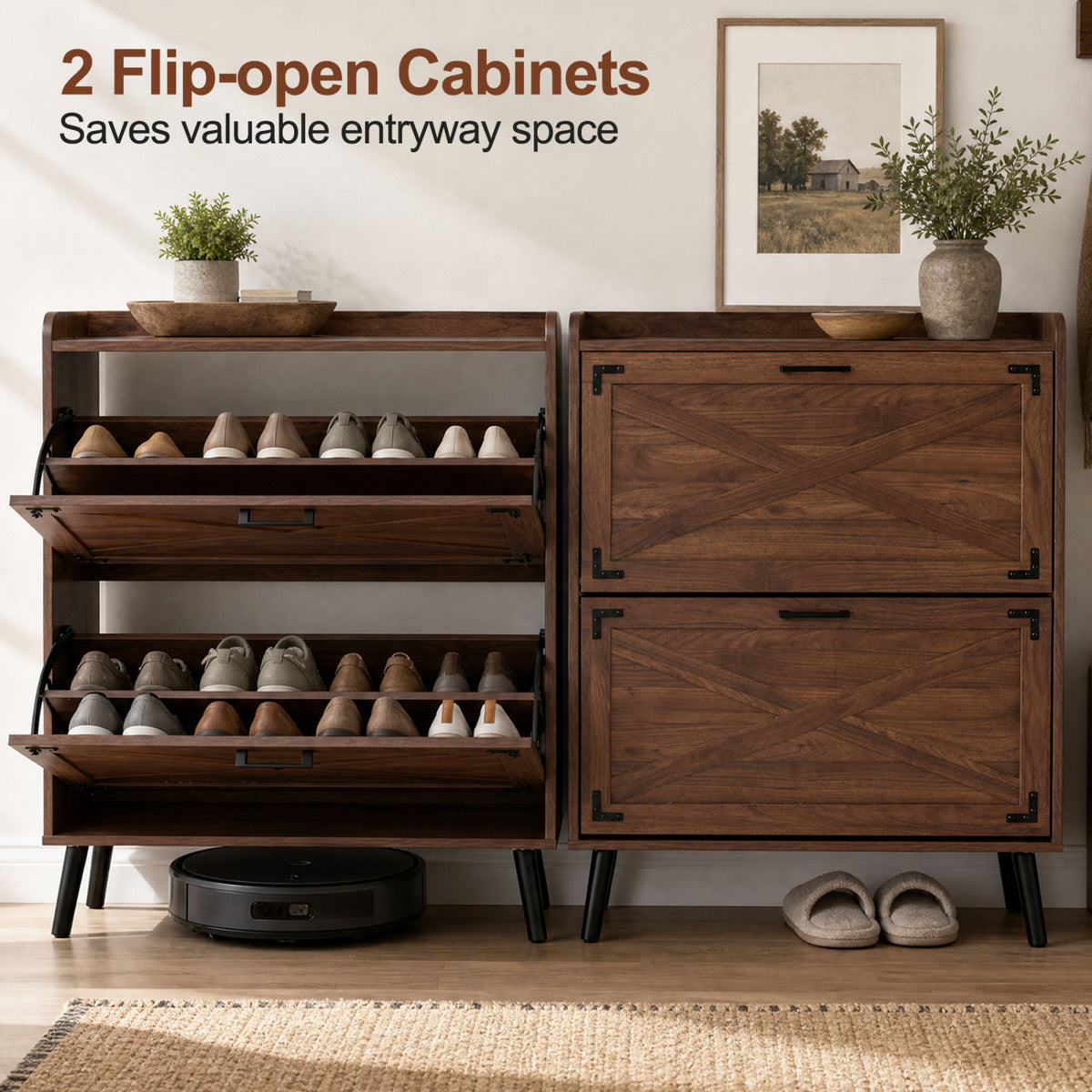 Narrow Shoe Cabinet with Adjustable and Removable Shelves for Entryway-Brown
