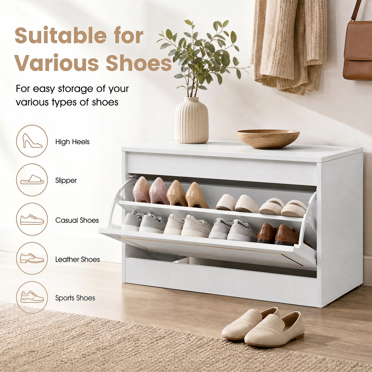 Narrow Shoe Cabinet with 1 Flip Drawer and Adjustable Shelf for Hallway-White