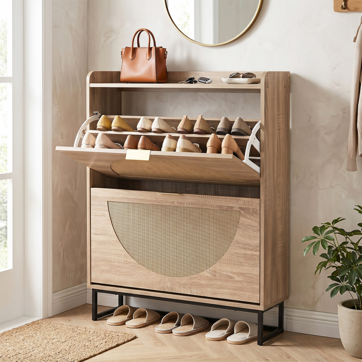 Narrow Shoe Storage Cabinet with 2 Flip Drawers and Adjustable Shelves
