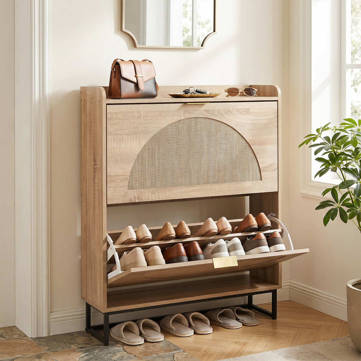 Narrow Shoe Storage Cabinet with 2 Flip Drawers and Adjustable Shelves