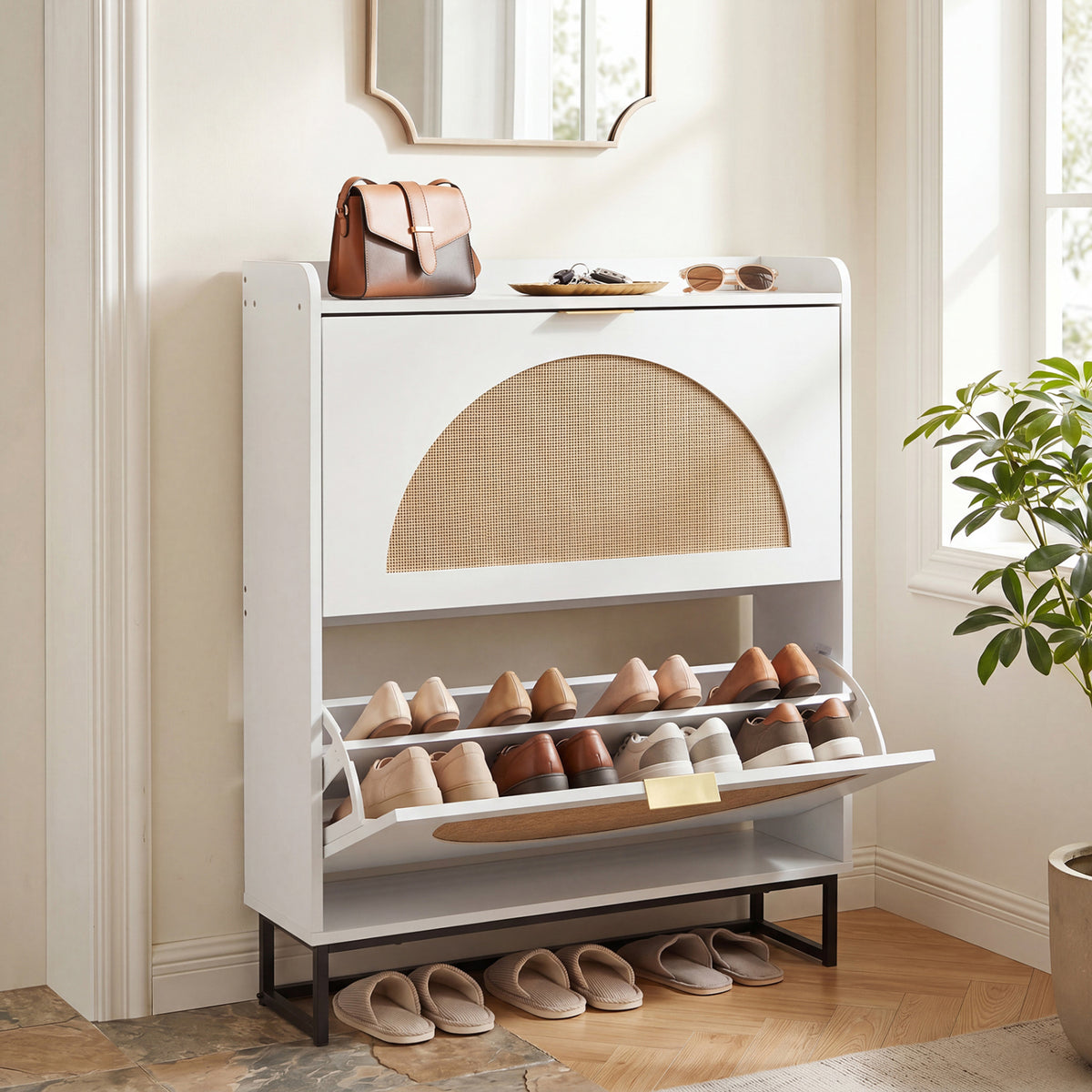 Narrow Shoe Storage Cabinet with 2 Flip Drawers and Adjustable Shelves