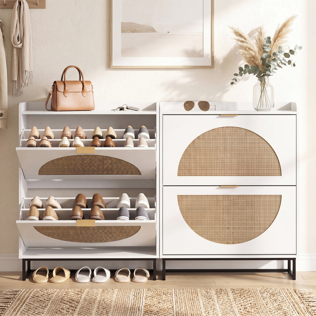 Narrow Shoe Storage Cabinet with 2 Flip Drawers and Adjustable Shelves