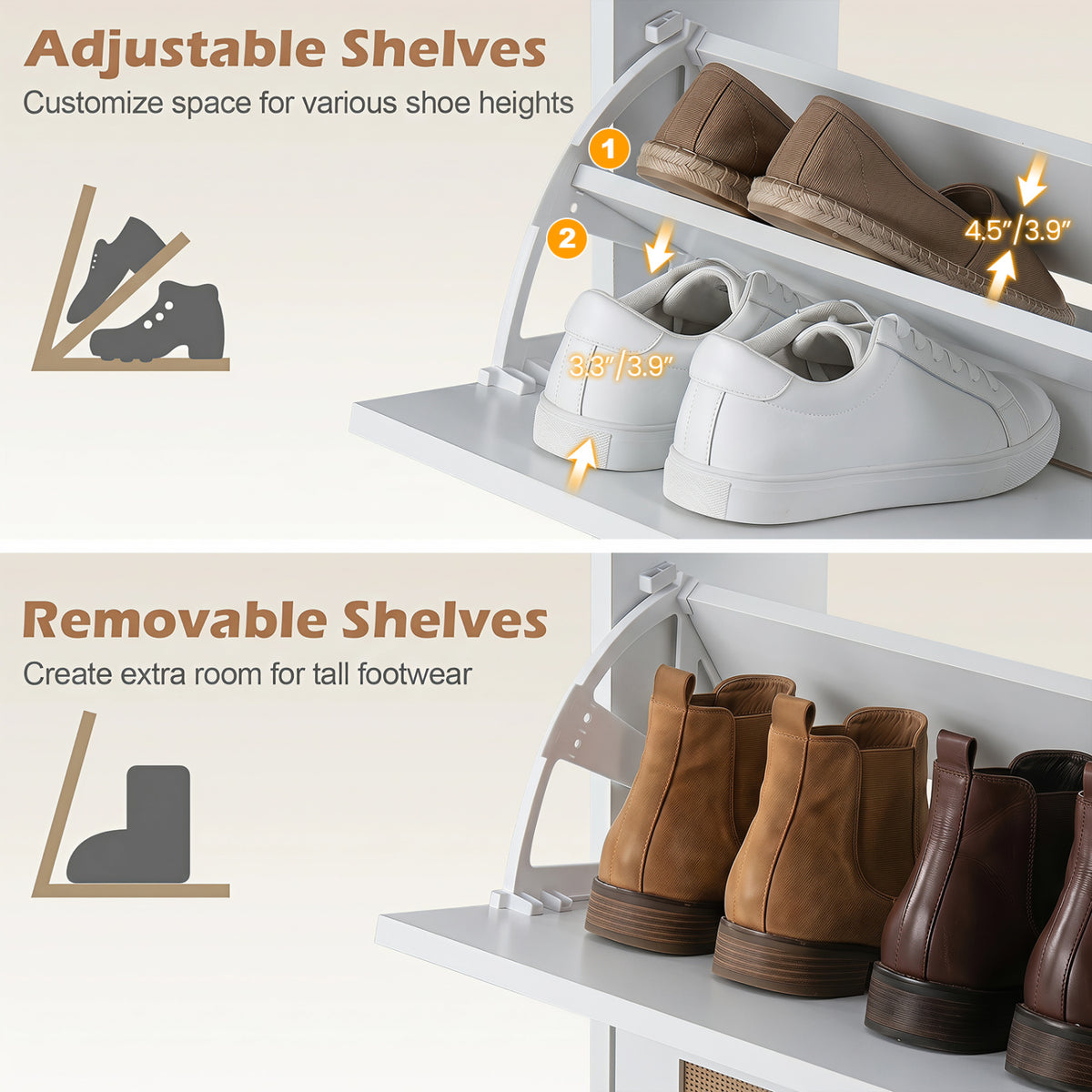Narrow Shoe Storage Cabinet with 2 Flip Drawers and Adjustable Shelves