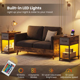 Narrow Side Table with Charging Station and LED Lights Industrial End Table-Brown