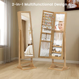 Freestanding Lockable Jewelry Armoire with Full-Length Mirror and 6 LED Lights-Natural