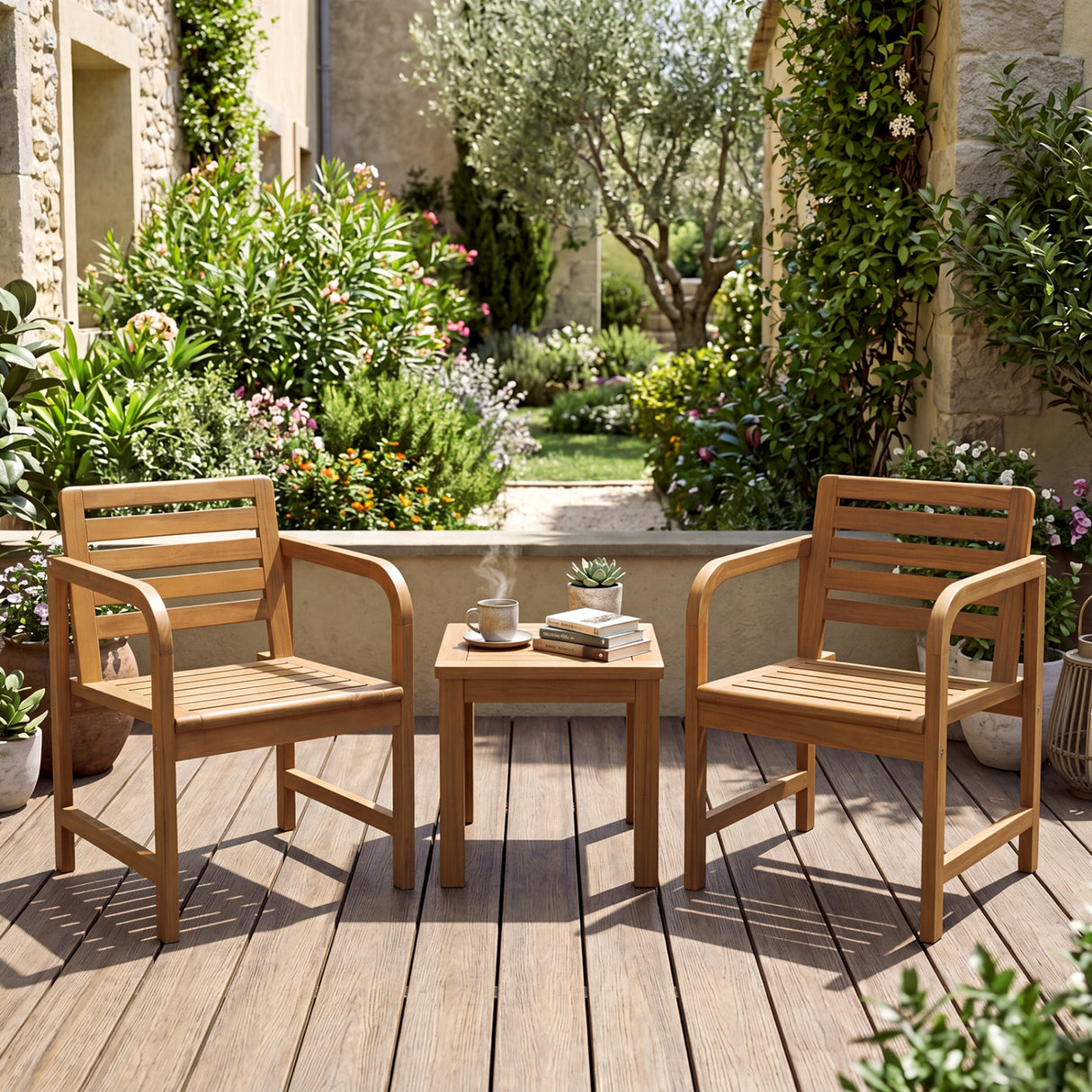 Natural Wood Patio Armchair with Slanted Back and Slatted Seat