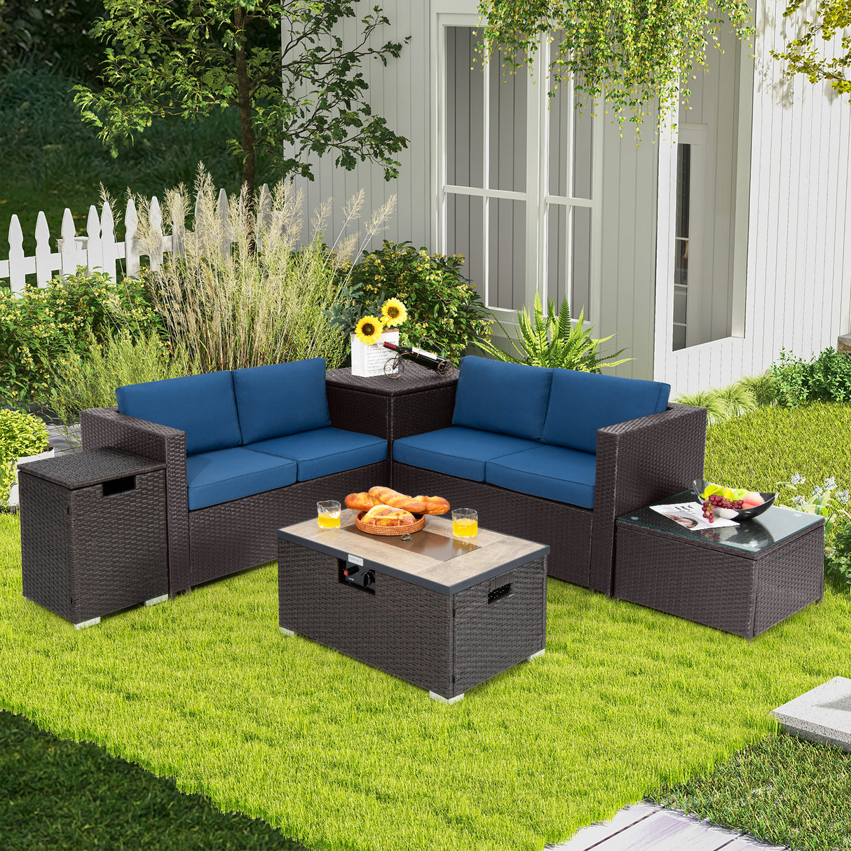 6 Pieces Outdoor Wicker Furniture Set with 32 Inch Propane Fire Pit Table