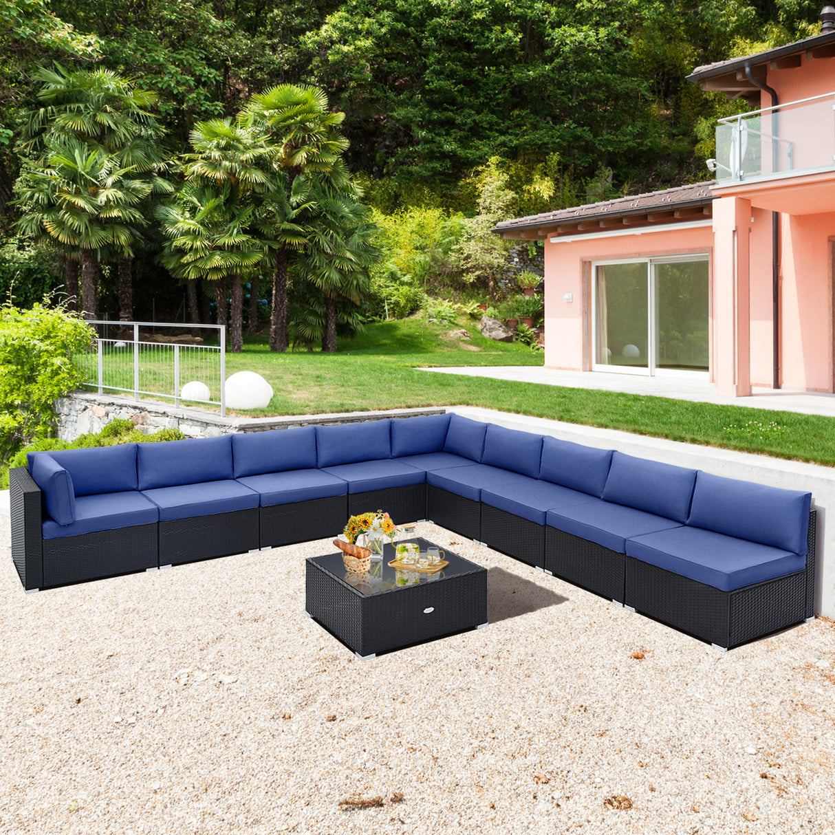 10 Piece Outdoor Wicker Conversation Set with Seat and Back Cushions