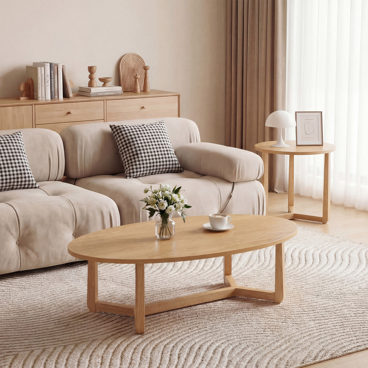 Nesting Coffee Table Set of 2 with Wood Veneered Top and Solid Rubber Wood Legs