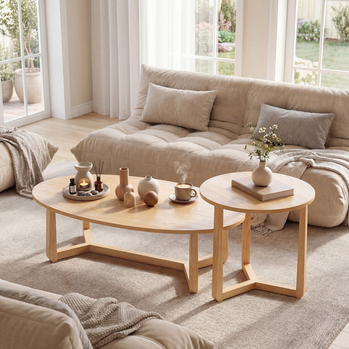 Nesting Coffee Table Set of 2 with Wood Veneered Top and Solid Rubber Wood Legs