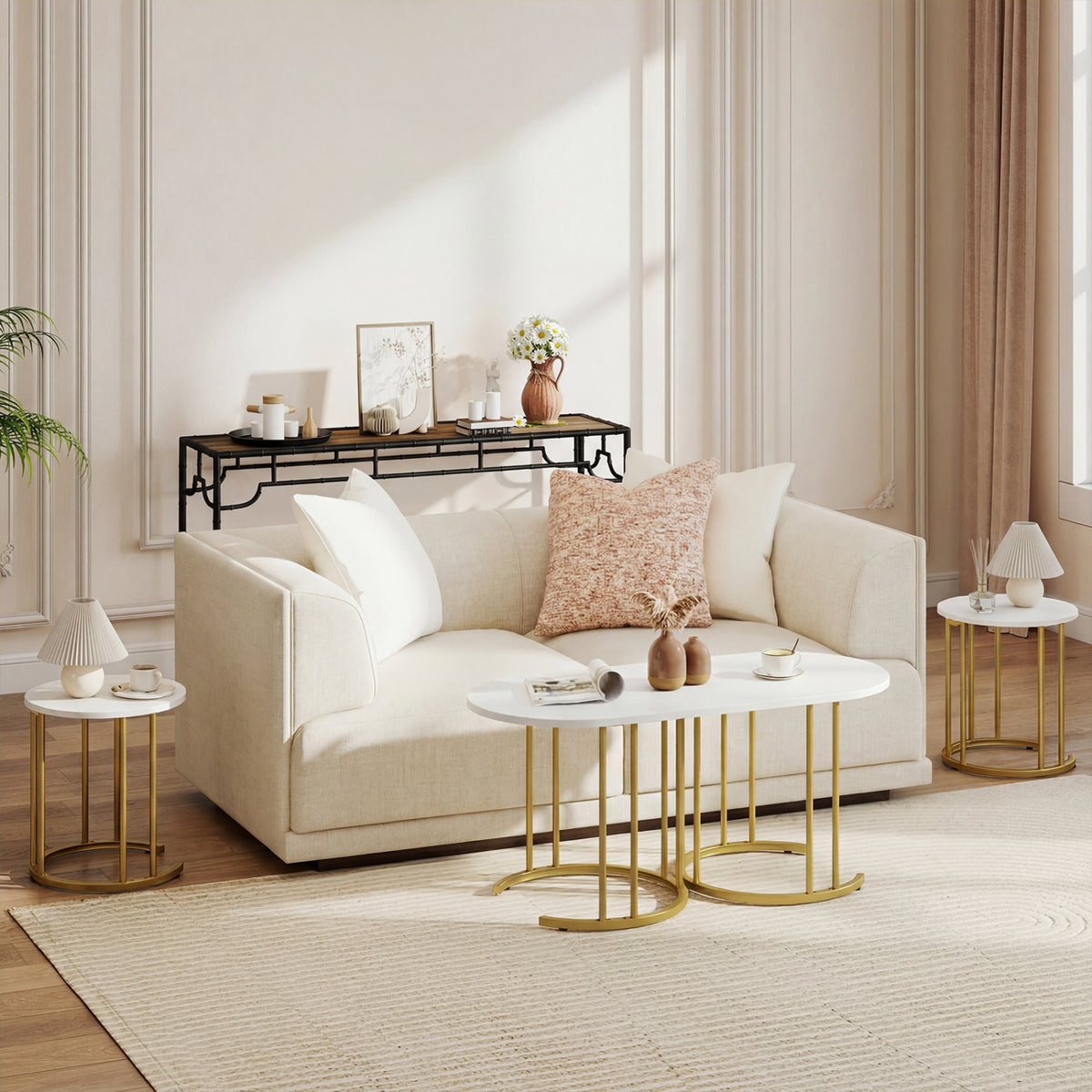 Nesting Coffee Table Set of 3 with Faux Marble Tabletop and Powder-coated Gold Metal Frame
