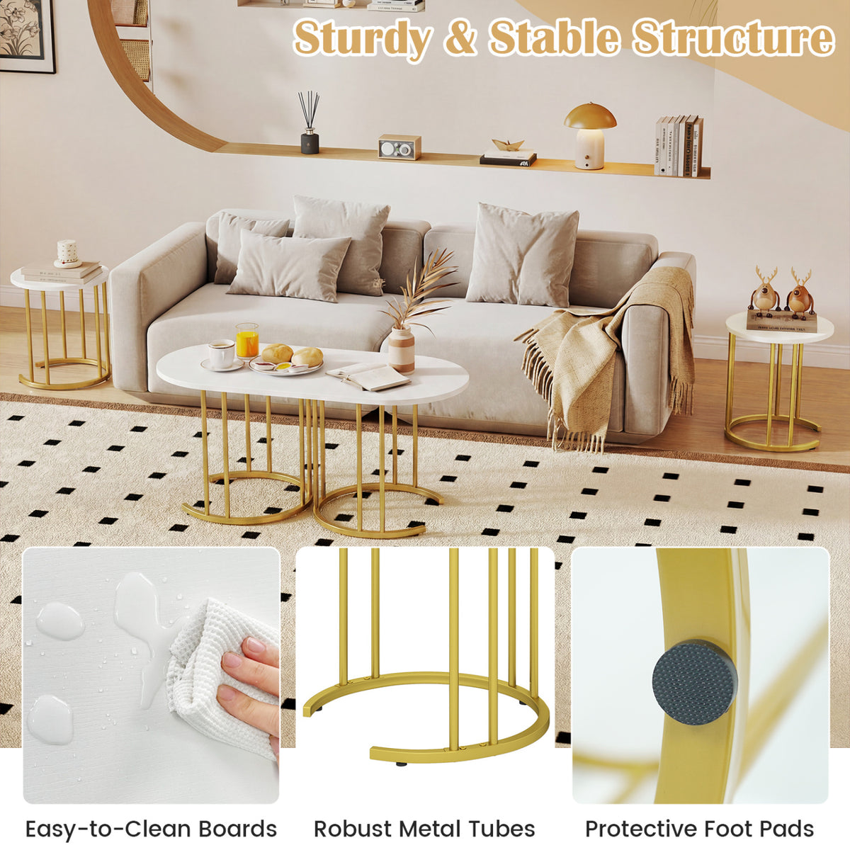 Nesting Coffee Table Set of 3 with Faux Marble Tabletop and Powder-coated Gold Metal Frame