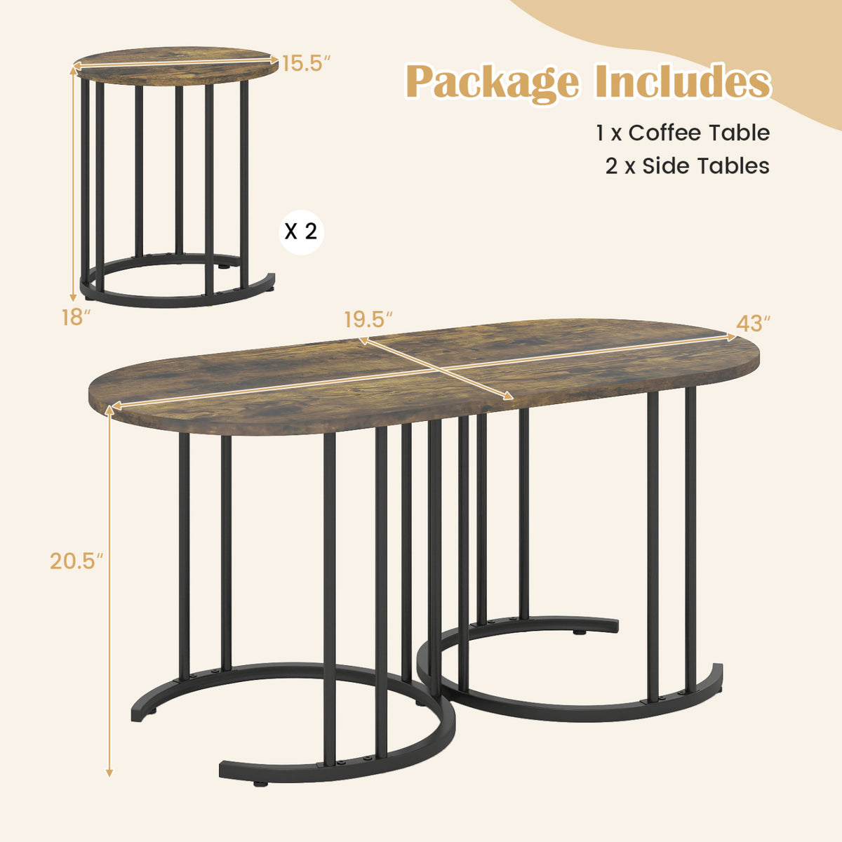 Nesting Coffee Table Set of 3 with Faux Marble Tabletop and Powder-coated Gold Metal Frame