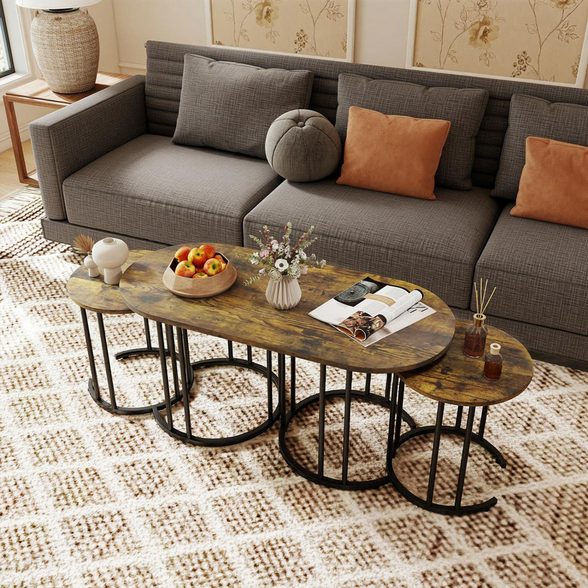 Nesting Coffee Table Set of 3 with Faux Marble Tabletop and Powder-coated Gold Metal Frame