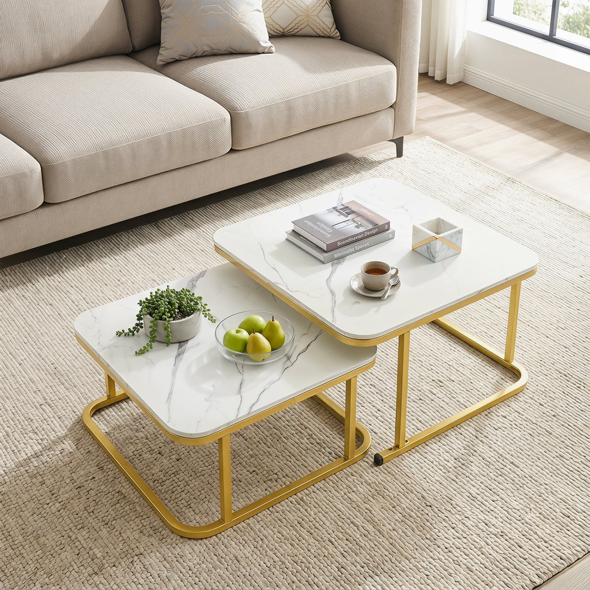 Nesting Coffee Table Set of 2 with Faux Marble Top and Metal Frame