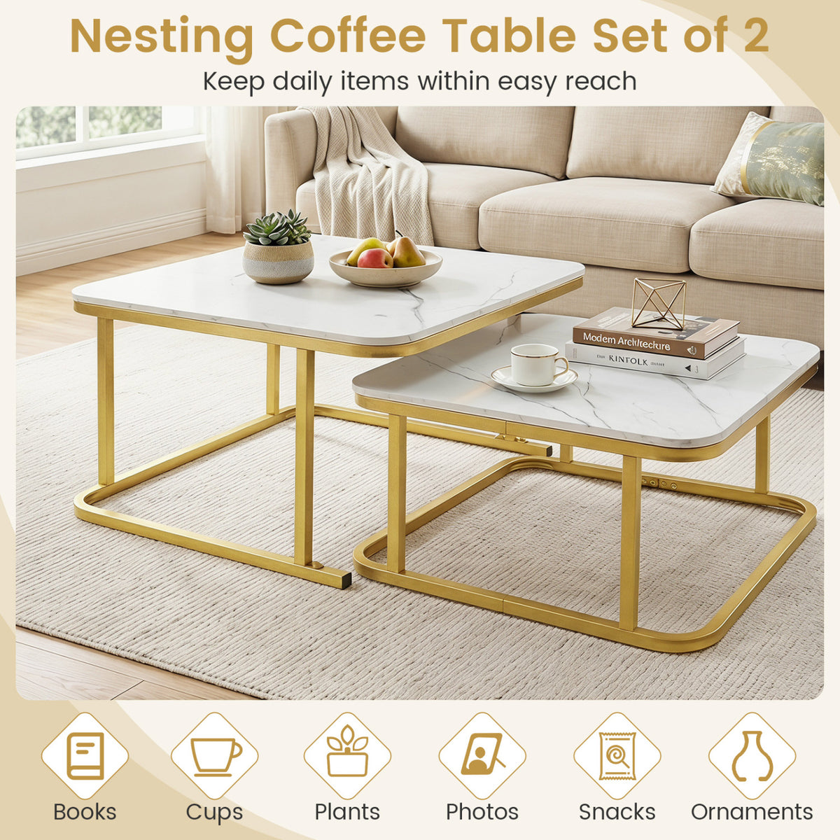 Nesting Coffee Table Set of 2 with Faux Marble Top and Metal Frame