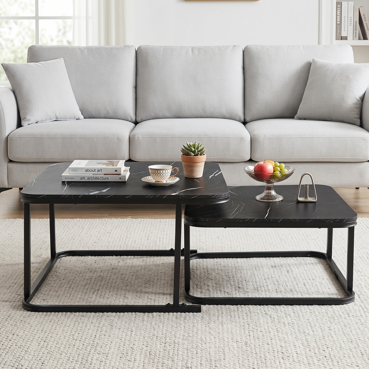Nesting Coffee Table Set of 2 with Faux Marble Top and Metal Frame