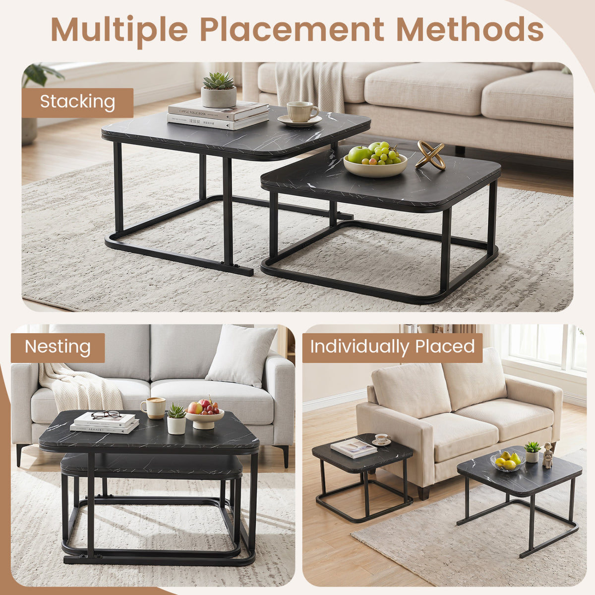Nesting Coffee Table Set of 2 with Faux Marble Top and Metal Frame
