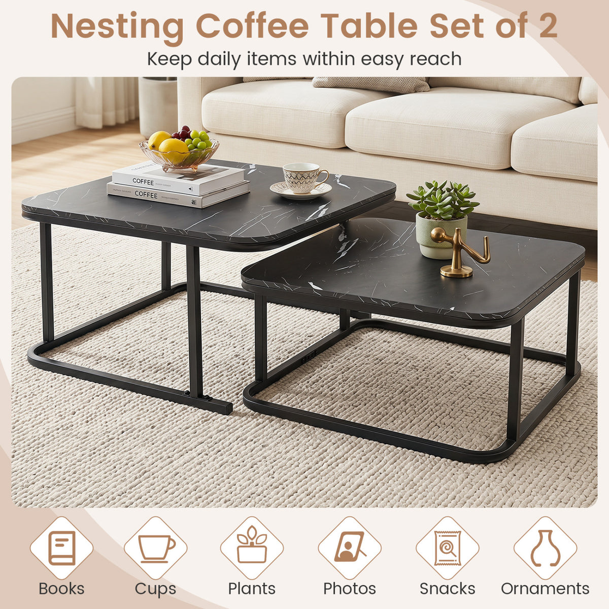 Nesting Coffee Table Set of 2 with Faux Marble Top and Metal Frame