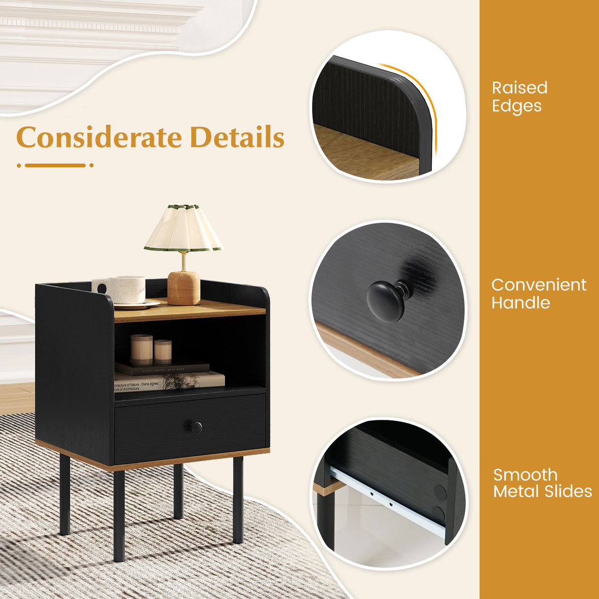 Nightstand Bedside End Table with Drawer and Open Shelf for Living Room Bedroom
