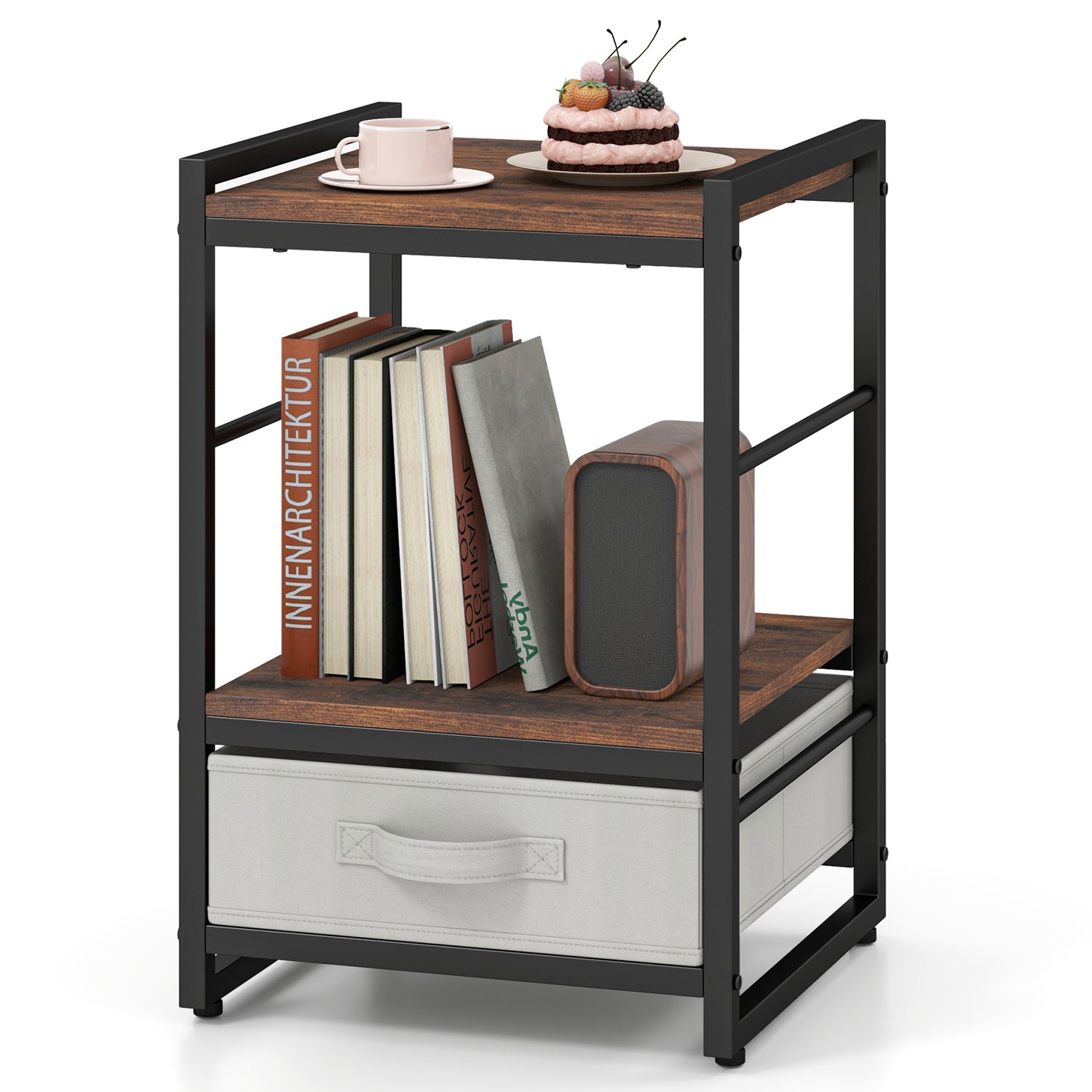 Nightstand Industrial Bedside Table with Open Storage Shelf and Fabric Drawer-Rustic Brown