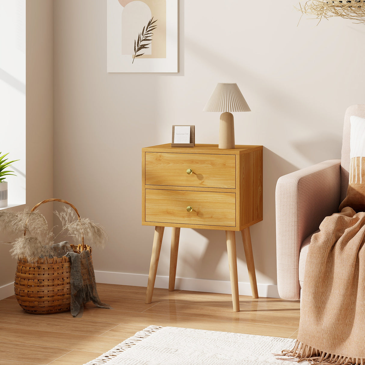 Modern Nightstand Bedside Table Mid Century with 2 Drawers