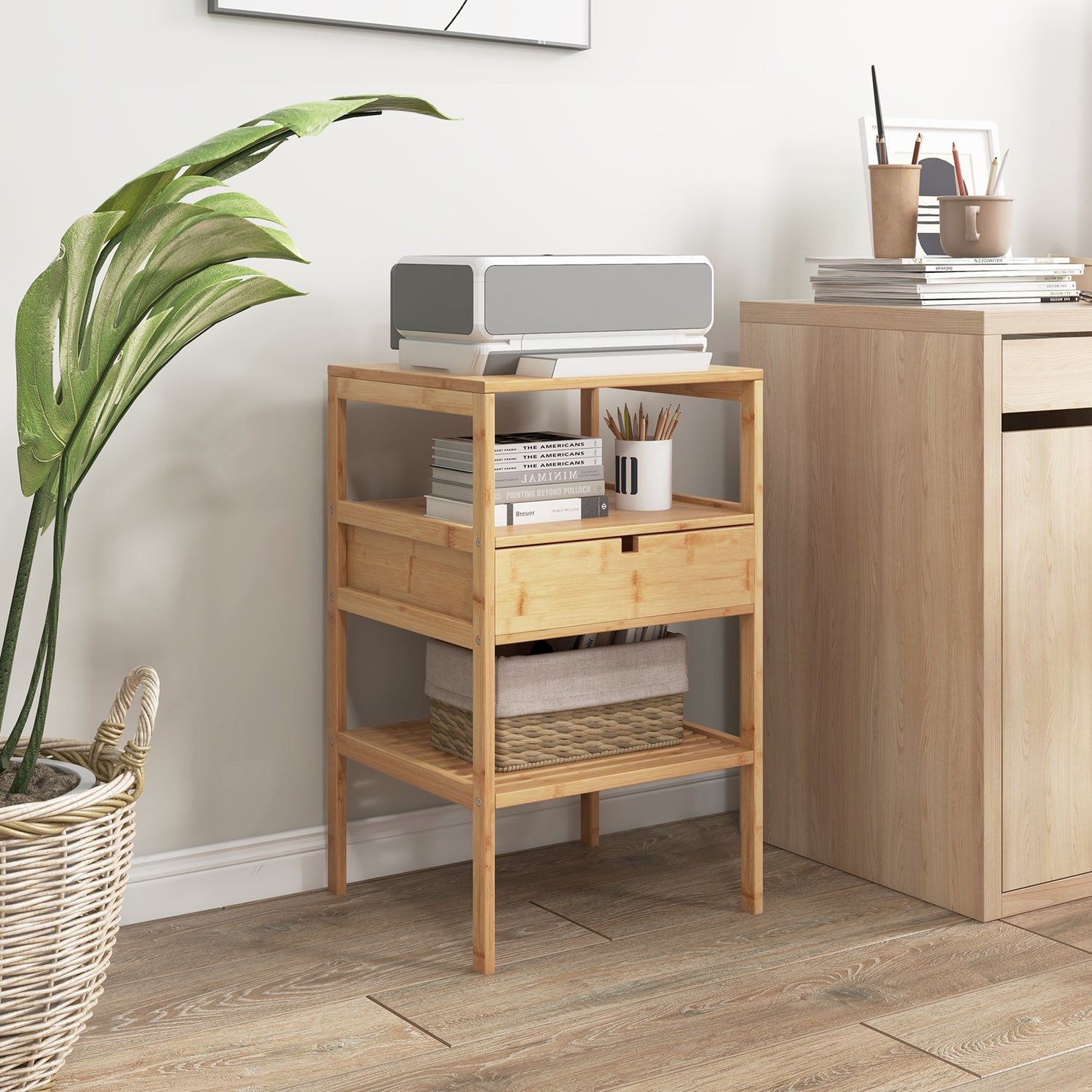 Nightstand Set of 2 Bamboo End Table with 2 Open Shelves and Drawer