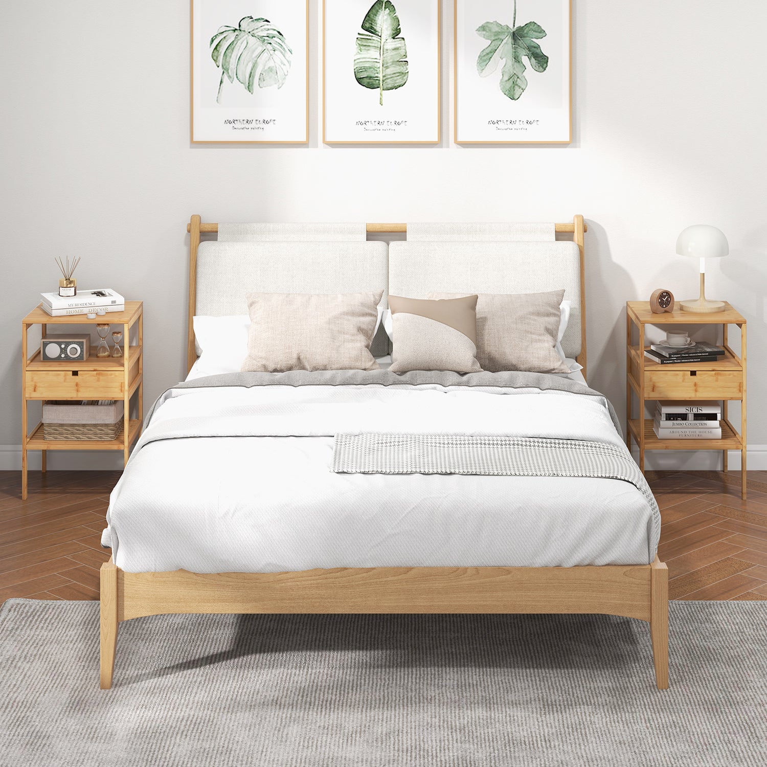Nightstand Set of 2 Bamboo End Table with 2 Open Shelves and Drawer