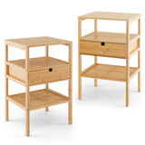 Nightstand Set of 2 Bamboo End Table with 2 Open Shelves and Drawer