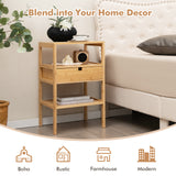 Nightstand Set of 2 Bamboo End Table with 2 Open Shelves and Drawer