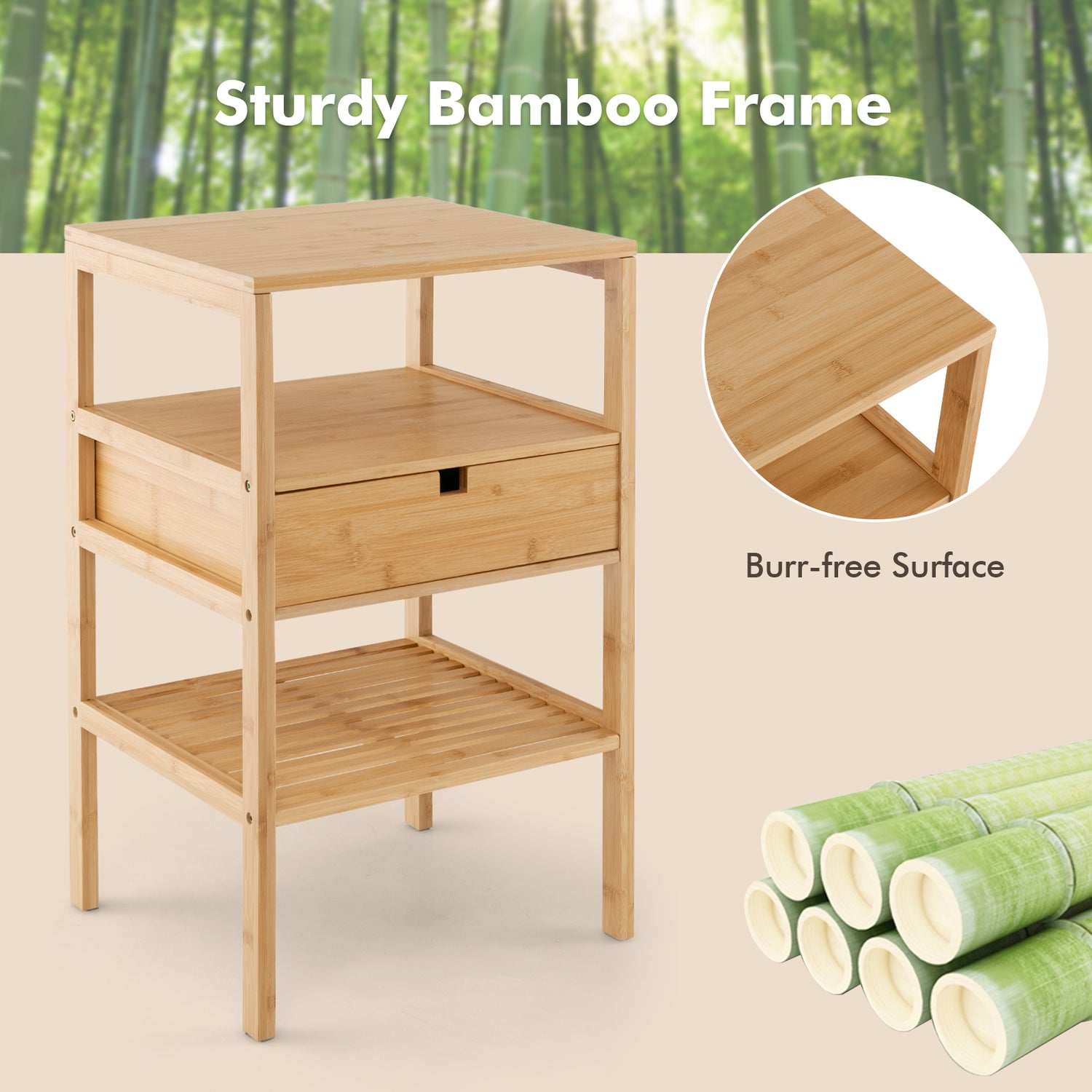 Nightstand Set of 2 Bamboo End Table with 2 Open Shelves and Drawer