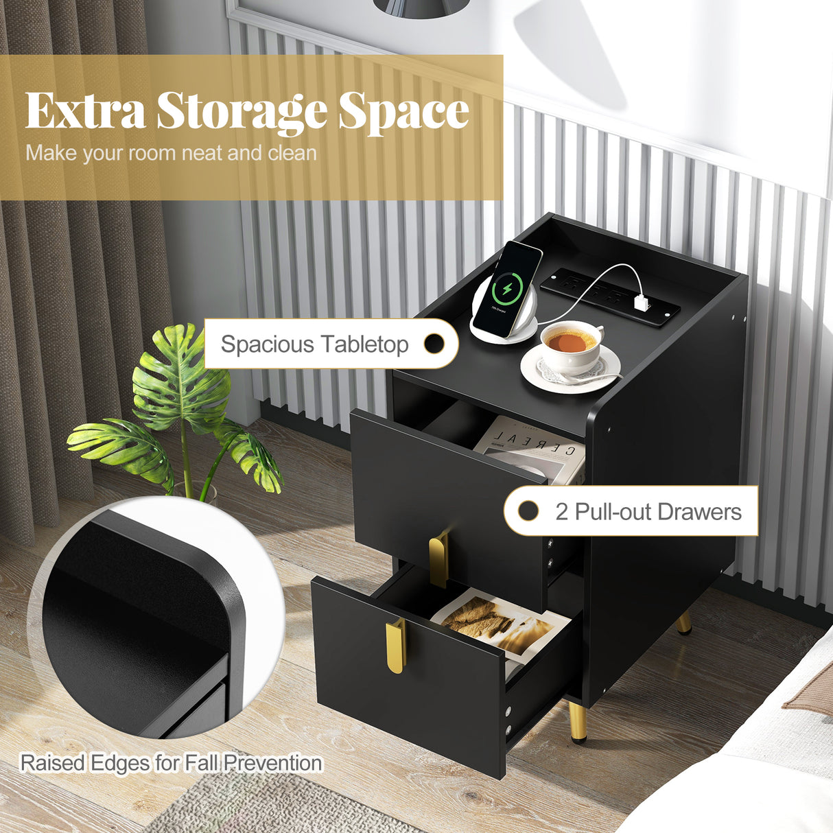Nightstand Side Tables with 2 Drawers and 2 USB Ports