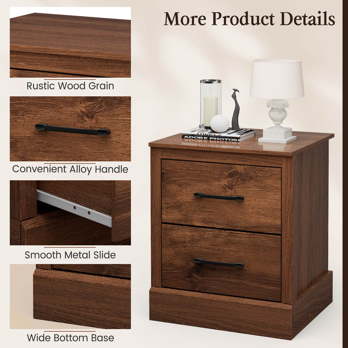 Wood Compact Floor Nightstand with Storage Drawers