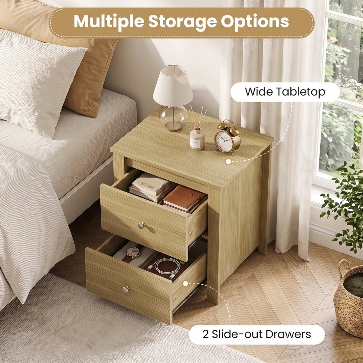 Nightstand with 2 Drawers & Storage for Bedroom Living Room Small Spaces