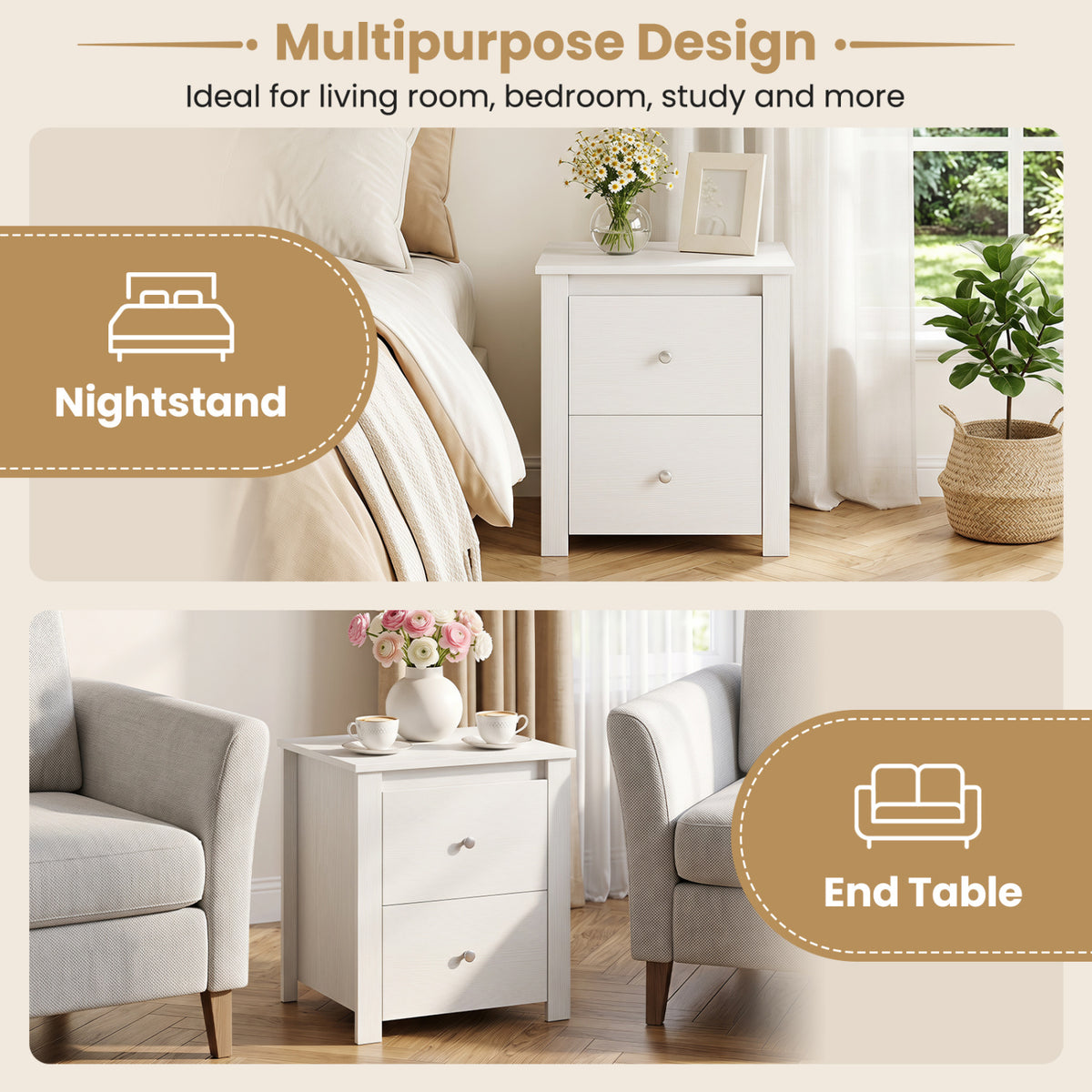 Nightstand with 2 Drawers & Storage for Bedroom Living Room Small Spaces