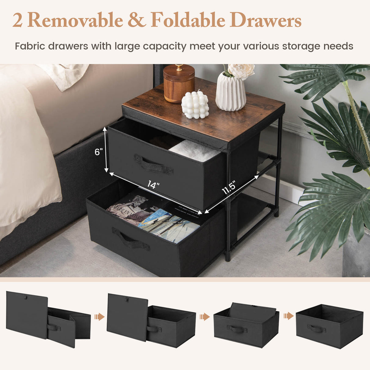 2-Drawer Nightstand with Removable Fabric Bins and Pull Handles