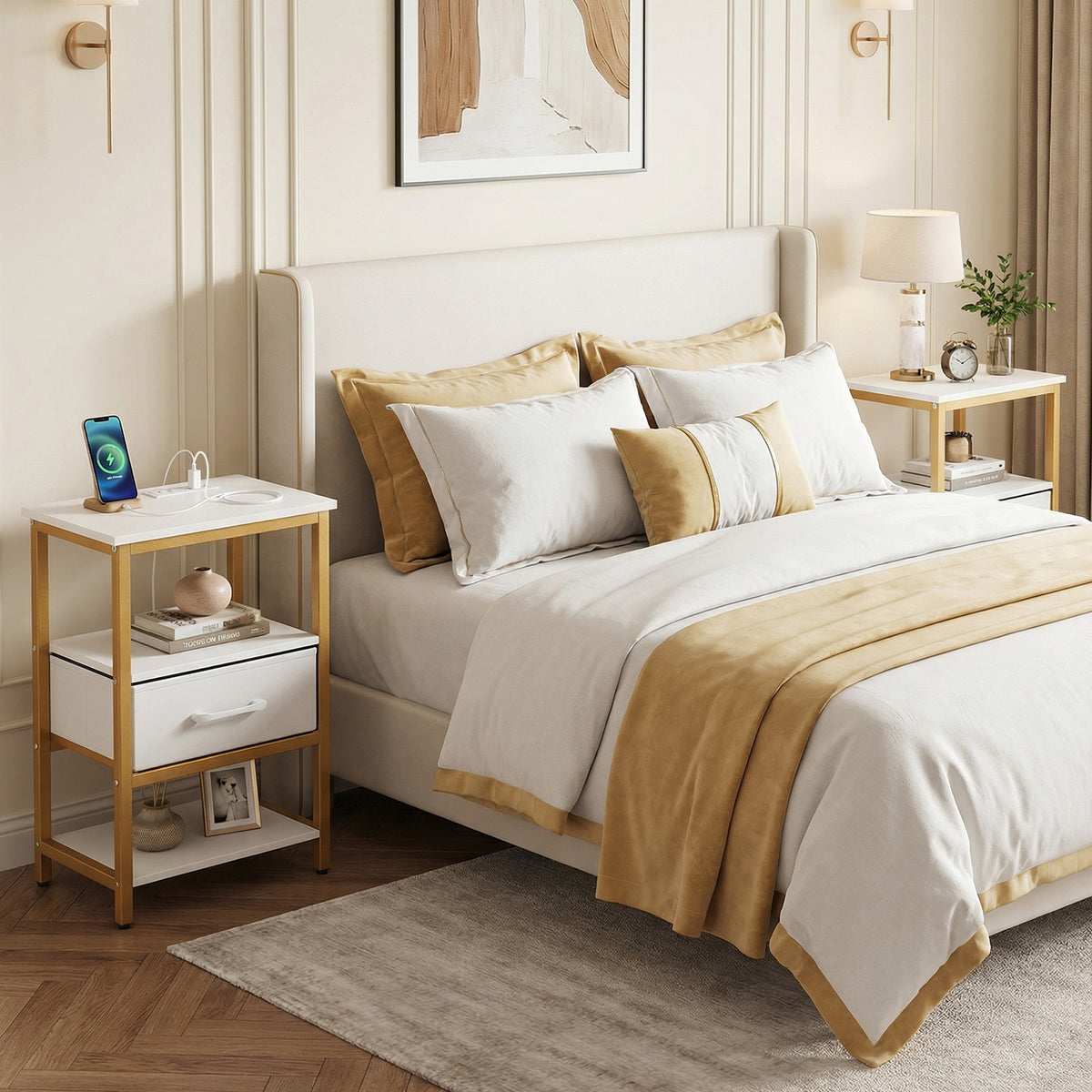 Nightstand with Charging Station and Adjustable Fabric Drawer for Bedroom and Living Room-Set of 2