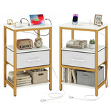 Nightstand with Charging Station and Adjustable Fabric Drawer for Bedroom and Living Room-Set of 2