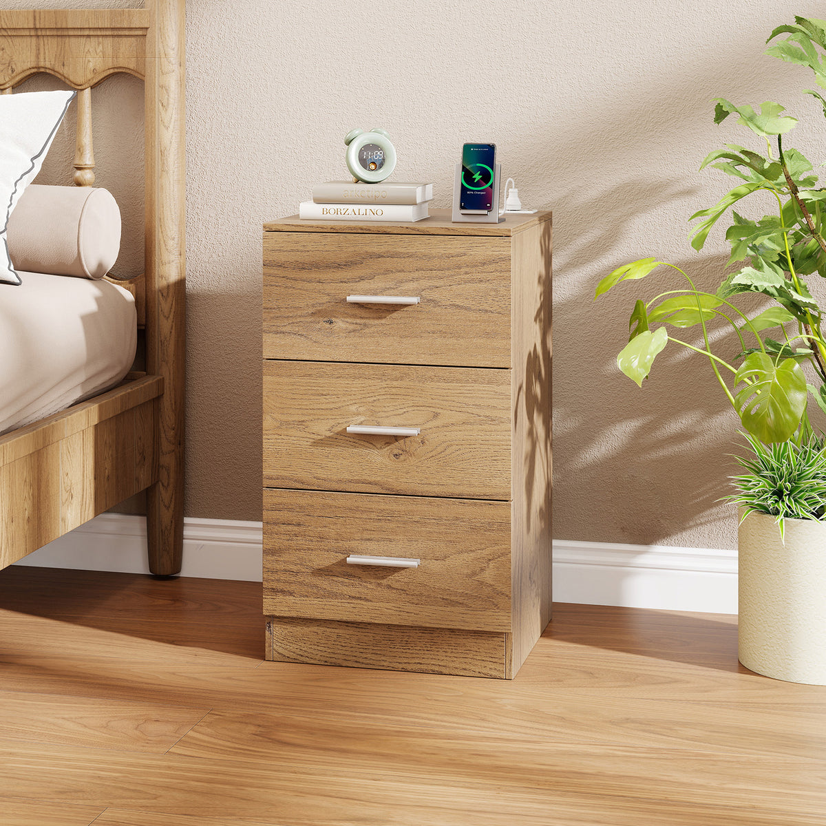 Nightstand with Charging Station End Table with 3 Storage Drawers Bedside Table for Bedroom