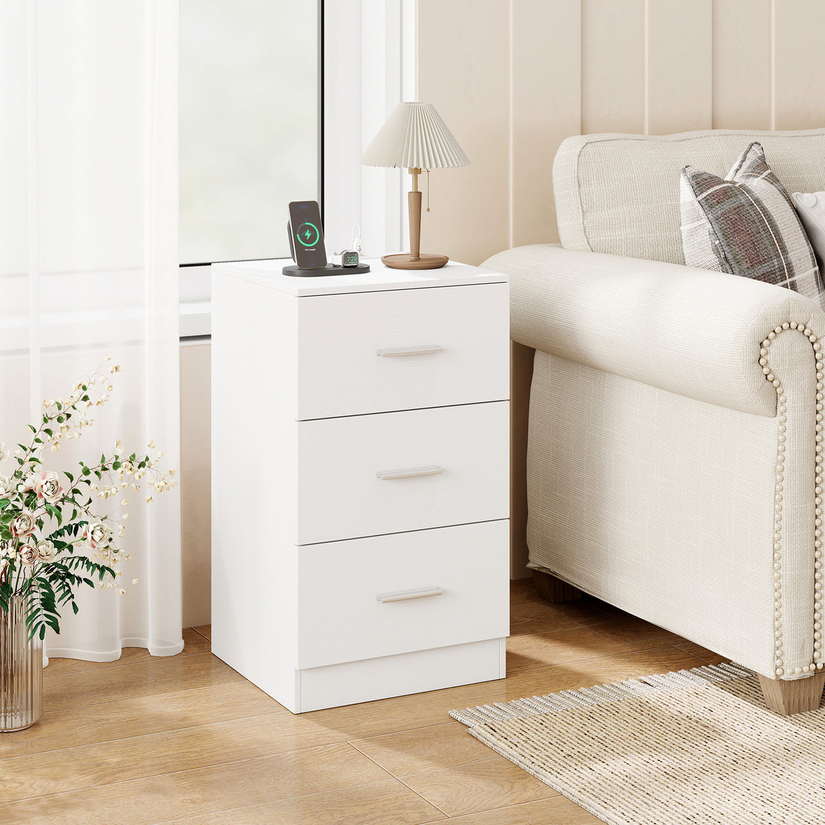 Nightstand with Charging Station End Table with 3 Storage Drawers Bedside Table for Bedroom