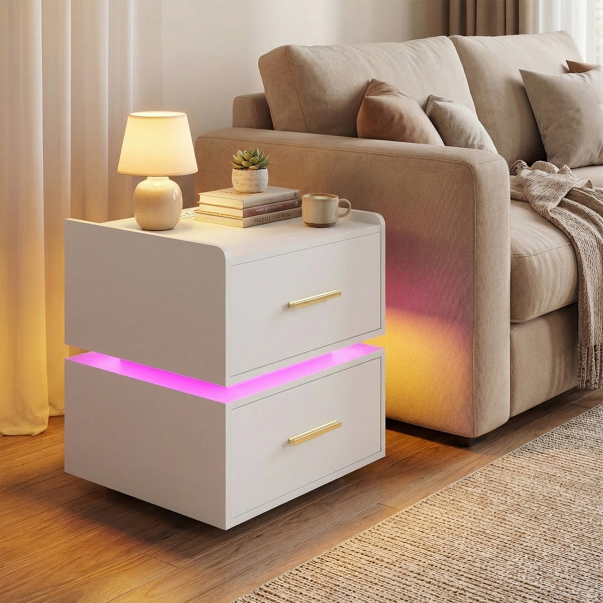 Nightstand with Charging Station LED Bedside Table with 2 Storage Drawers