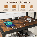 Nightstand with Charging Station 28 Inch Tall Bedside Table with Fabric Drawer-Rustic Brown