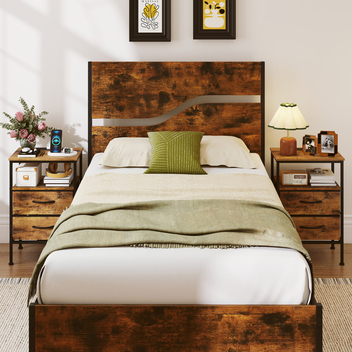 Nightstand with Charging Station 24.5 inch Modern Bedside Table with 2 Fabric Drawers