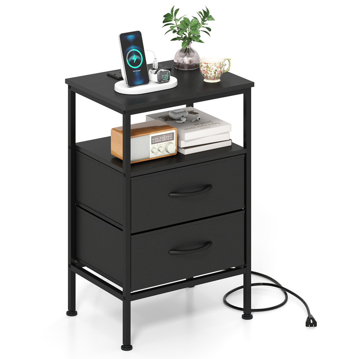 Nightstand with Charging Station 24.5 inch Modern Bedside Table with 2 Fabric Drawers