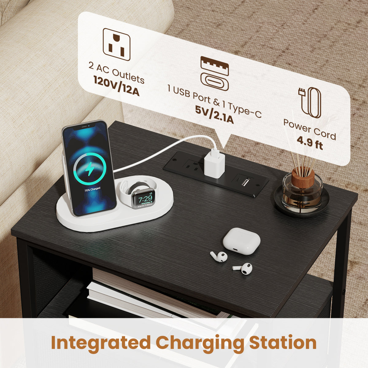 Nightstand with Charging Station 27.5 inch Modern Bedside Table with 3 Fabric Drawers
