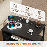 Nightstand with Charging Station 27.5 inch Modern Bedside Table with 3 Fabric Drawers