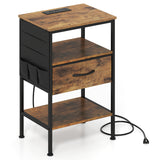 Nightstand with Charging Station 24.5 inch Modern Bedside Table with Fabric Drawer