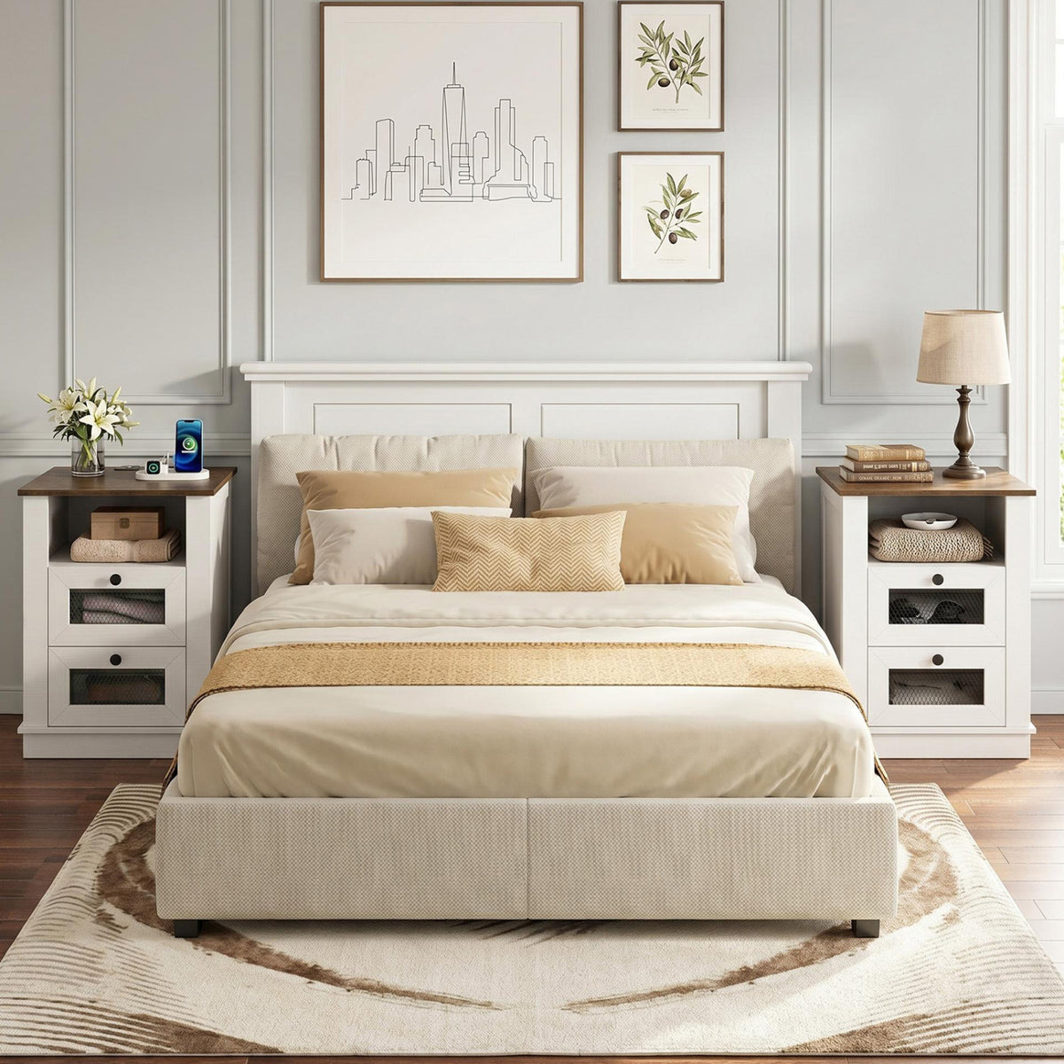 Nightstand with Charging Station and 2 Drawers Storage Compartment for Bedroom-Rustic Brown