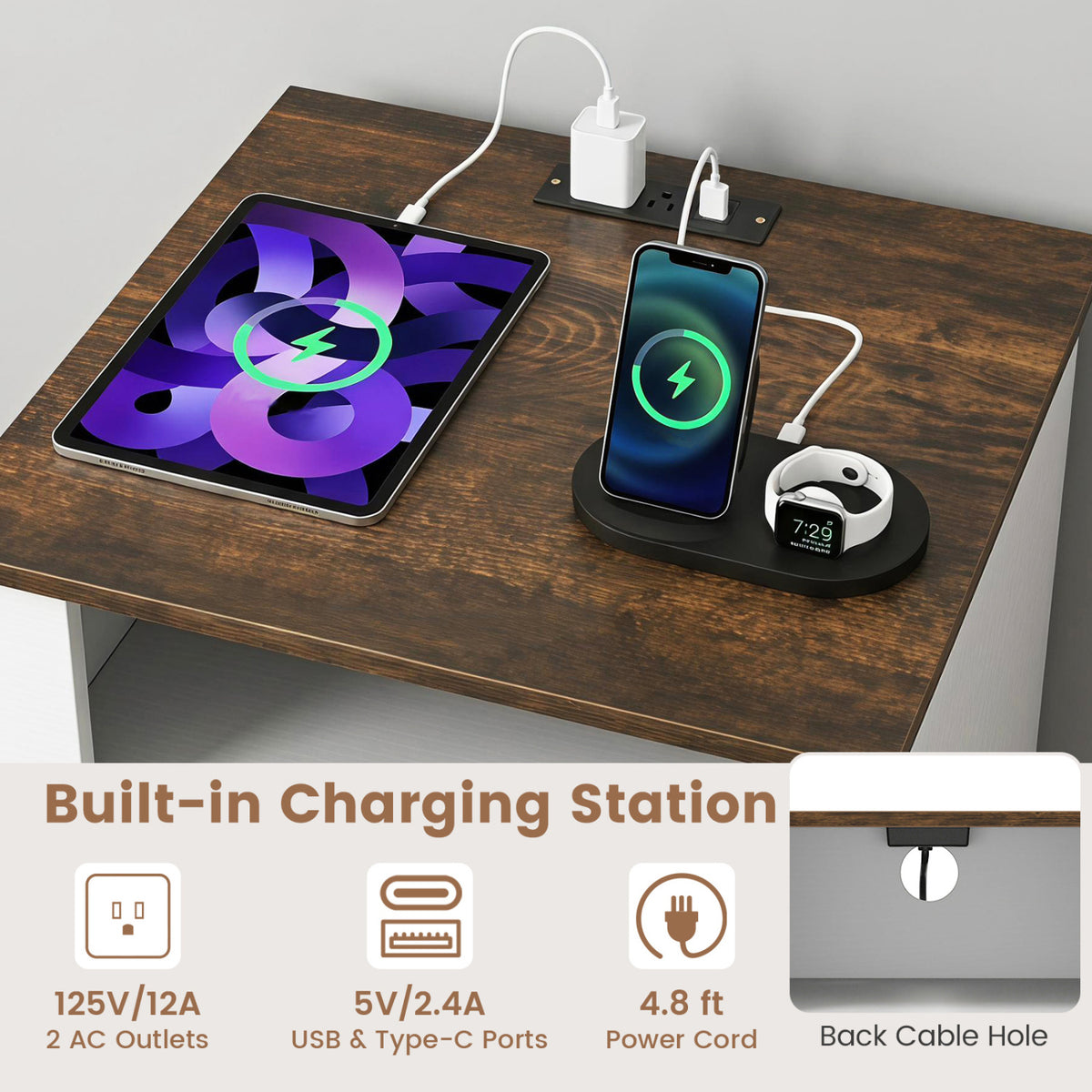 Nightstand with Charging Station and 2 Drawers Storage Compartment for Bedroom-Rustic Brown