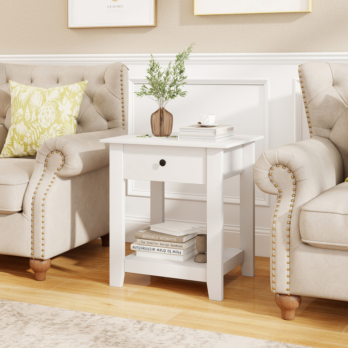 Nightstand with Drawer 3-Tier Modern Bedside Table with Open Shelf and Storage